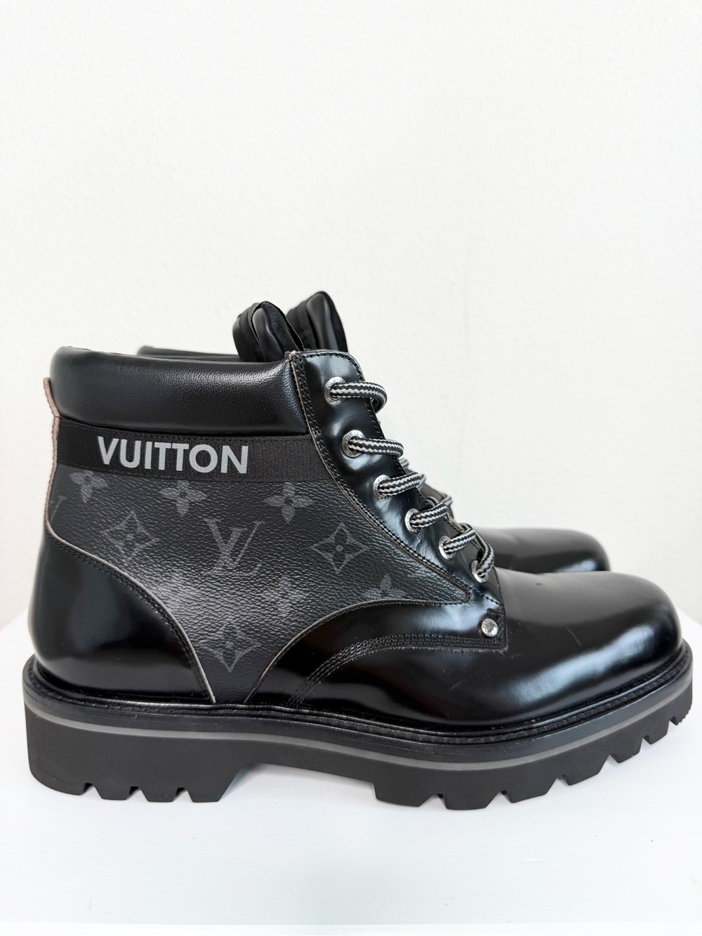 Louis Vuitton Eclipse Monogram Combat Boots Black Leather Ankle Lace Up Size 10